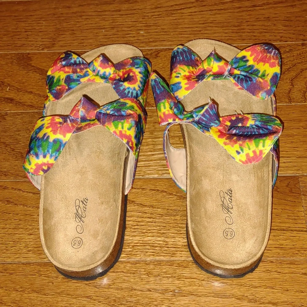 💦MATA Boardwalk👣16 Green/Yellow Double Bow Tie Died Sandals - Picture 9 of 10